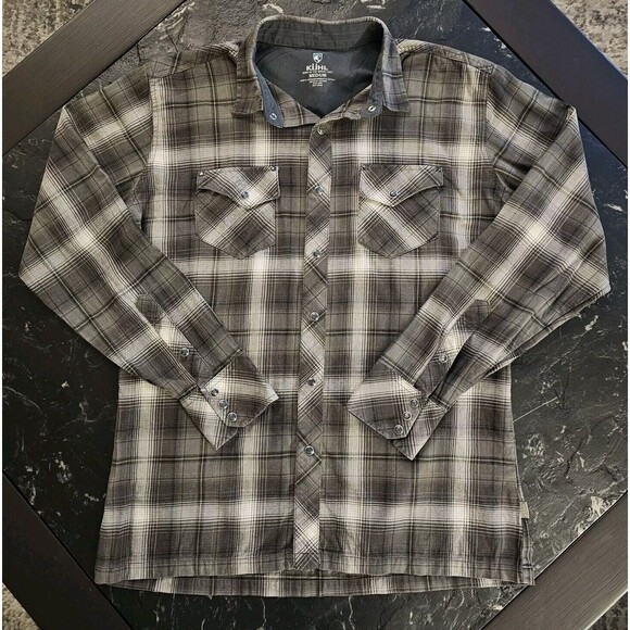 Kuhl Lowdown 7210 Pearl Snap Western Flannel Plaid Shirt Grey Tan Mens Medium - Picture 1 of 10